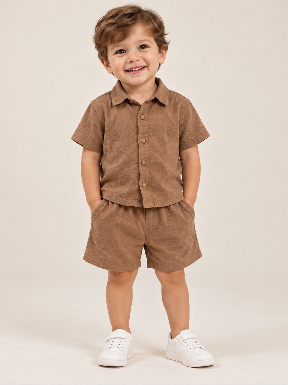 Zara Kids 2–3Y Textured Tan Brown Short Sleeve Shirt & Shorts 2-Piece Set